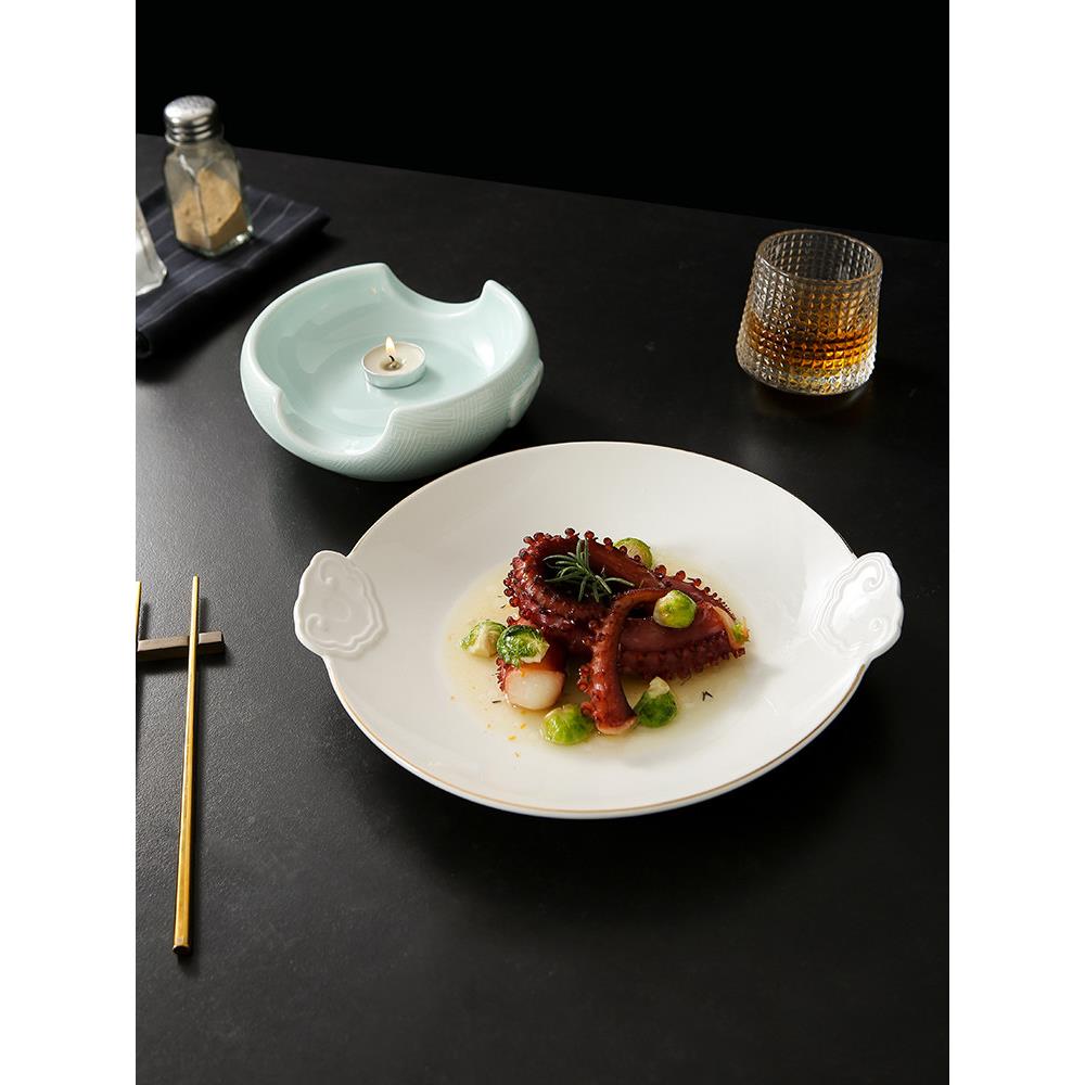 明月式酒中餐具金OEN边双耳陶瓷店干锅特炉盘子会所包间色蜡烛加