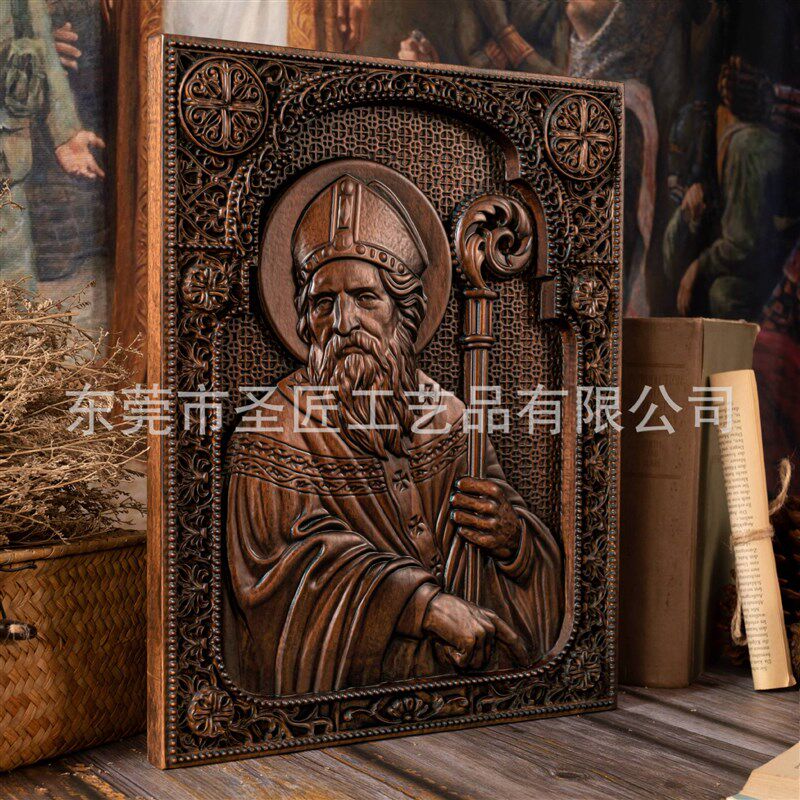 圣帕特里克方形木版画雕刻摆件西方牌匾圣像木质墙壁挂件木雕装饰