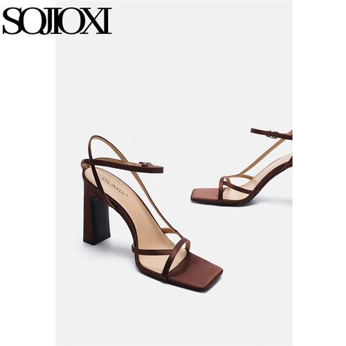 SOJIOXI 一字m带高跟凉鞋女法式高级感棕色高跟鞋女2025年新款夏