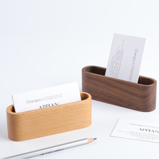实木质名片夹商务名片盒办公桌面名片架简约前台名R片底座刻字log