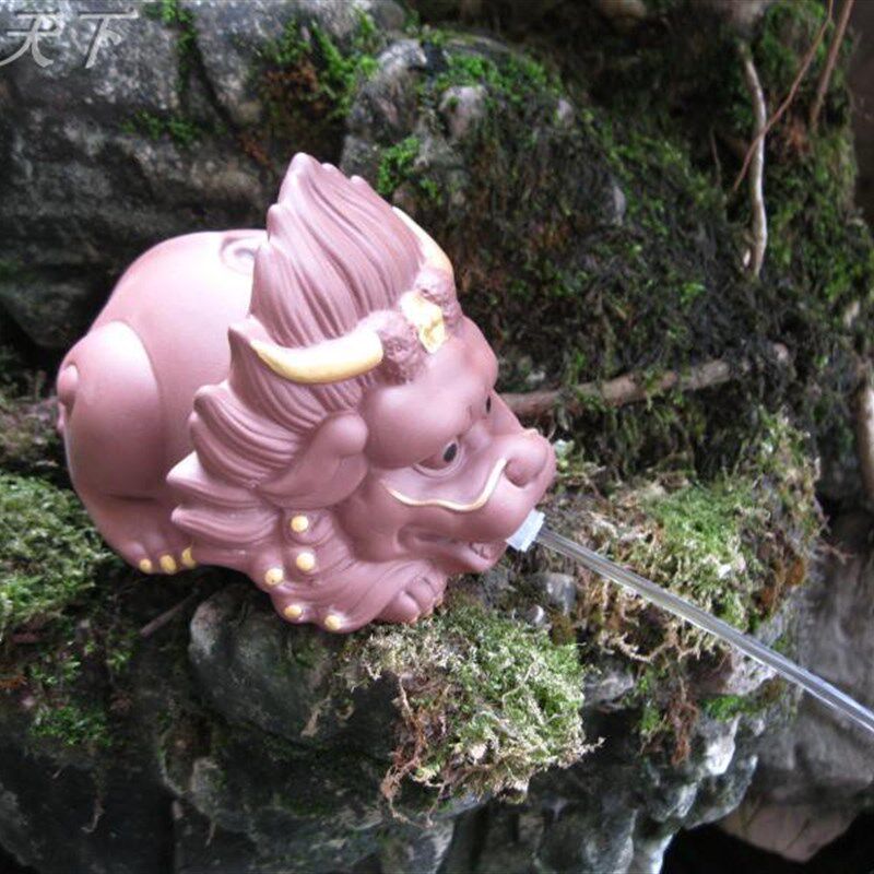 上古神兽喷水狻猊招财摆件假山盆景鱼族鱼缸精品陶瓷流水配件装饰