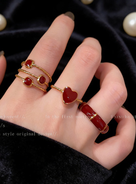 法式轻奢复古红爱心滴油戒指女