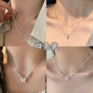 碎银珍珠蝴蝶结项链女轻奢百搭ins冷淡风小众高级感锁骨链项饰品