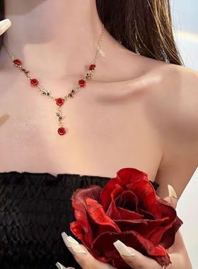 玫瑰往事复古浪漫vintage森系超仙立体玫瑰花Y字型项链锁骨链女