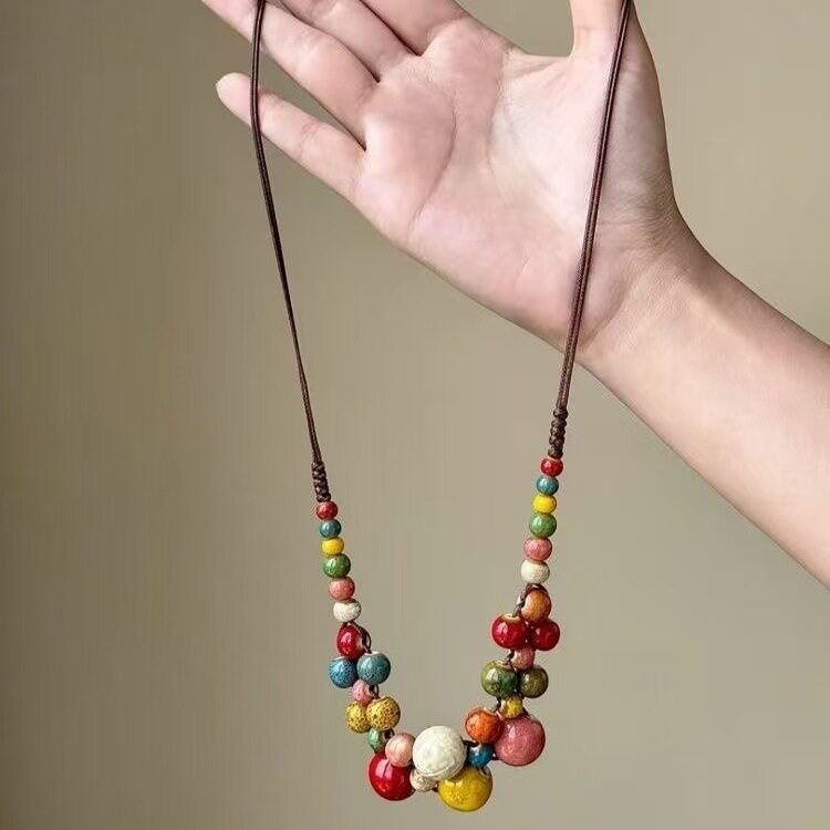 新中式复古彩色陶瓷串珠项链女民族风长款毛衣链小众设计感锁骨链