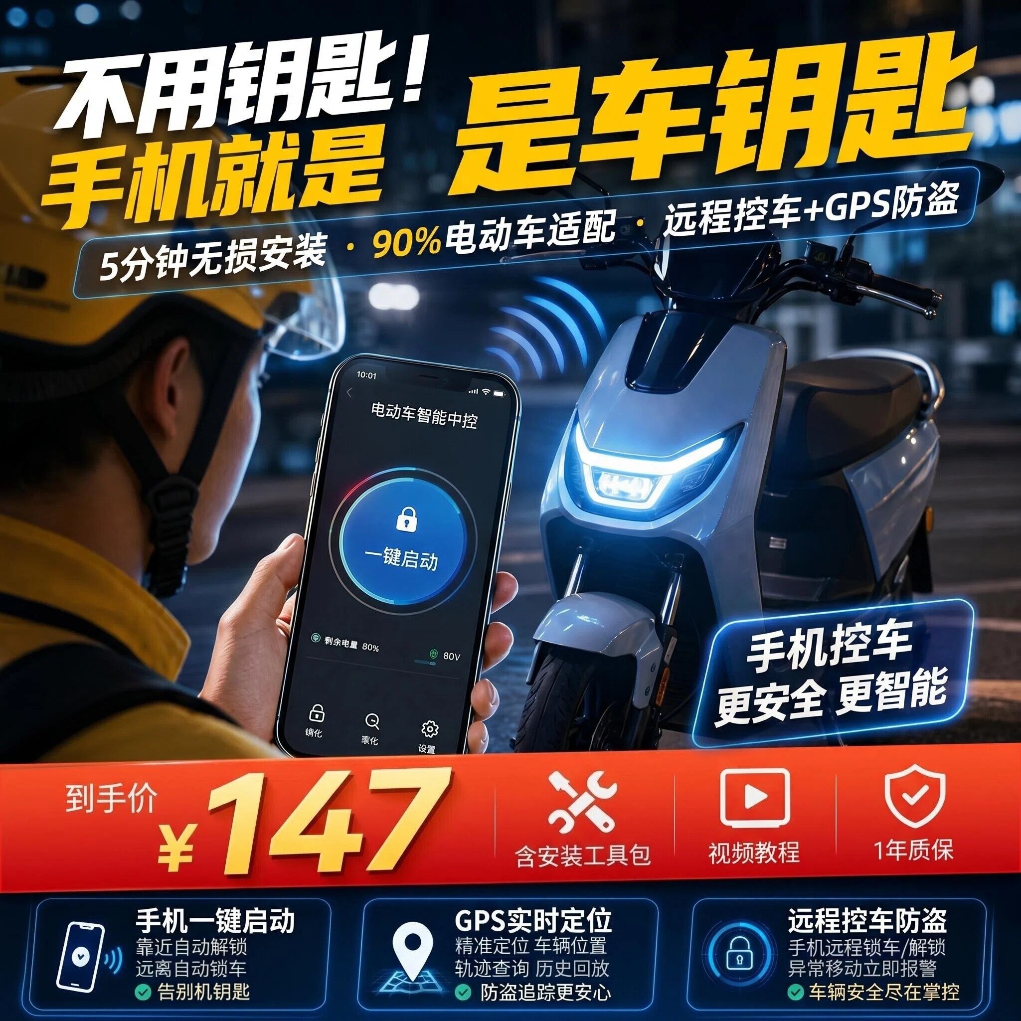 电动车智能中控手机远程控车GPS定位一键启动蓝牙解锁无损安装