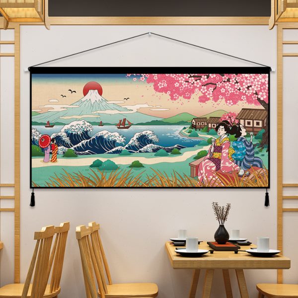 日式浮世绘装饰画布艺挂画网红卧室床头挂毯客厅背景墙挂布背景布图片