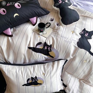 新款 卡通猫天丝四件套冰丝60支贴布刺绣裸睡被套夏季 床上用品12m