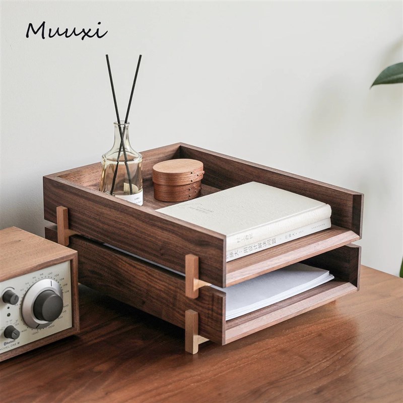 木质收纳盒家用办公桌木制w文件收纳架可多层叠加无盖储物盒