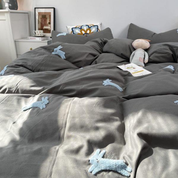 可爱兔立体毛巾绣四件套2.0m灰色床单被套宿舍三件套亲肤床上用品,床上用品,学生床品套件,淘宝优惠券,粉丝福利购,淘宝优惠卷