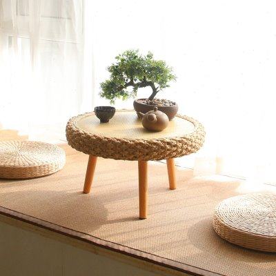 实木圆形藤编飘窗小茶几日式窗台小桌子炕桌矮桌编织榻榻米桌炕几
