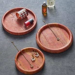 侘寂风红洞石大理石收纳托盘洗手台售楼部香薰圆托盘置物收纳摆件