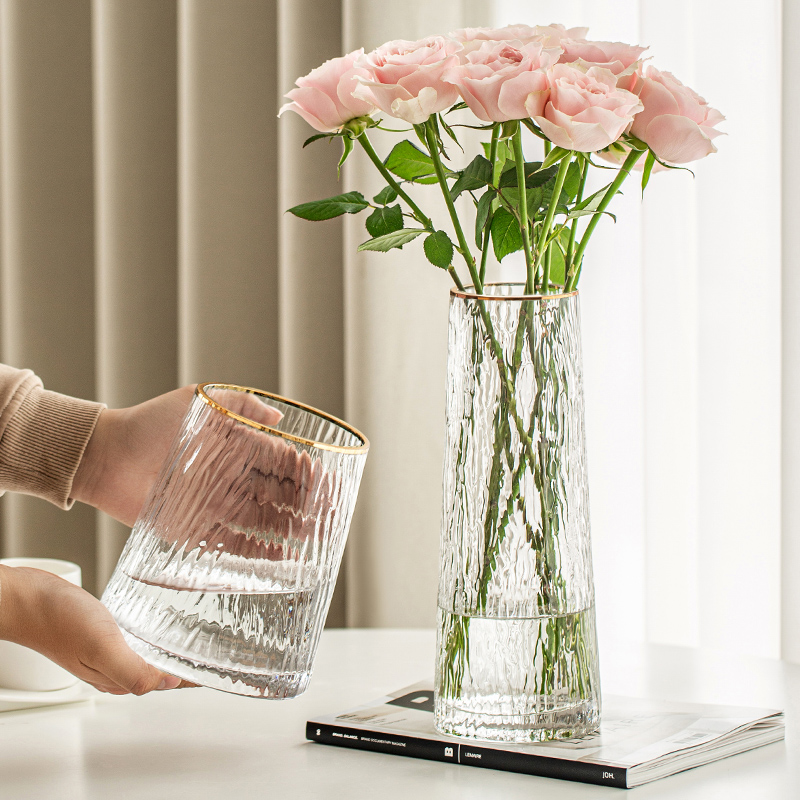 简约描金花瓶摆件客厅玻璃透明水养插花高级Q感轻奢高档鲜花水培