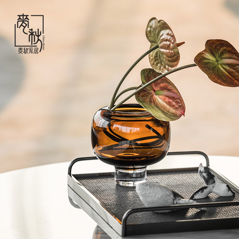 高档加厚a焦糖色玻璃花瓶轻奢客厅鲜花干花插花器软装饰品茶几摆