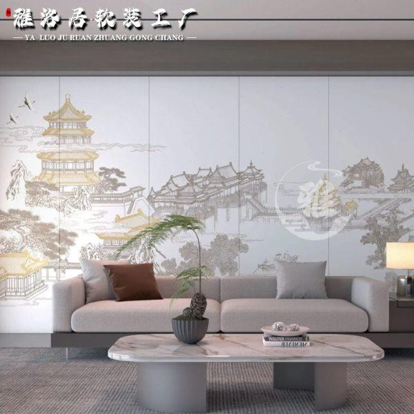 新中式客厅沙发装饰山水刺绣背景墙硬包定制卧室床头无缝刺绣墙布,家装主材,背景墙软包,淘宝优惠券,粉丝福利购,淘宝优惠卷