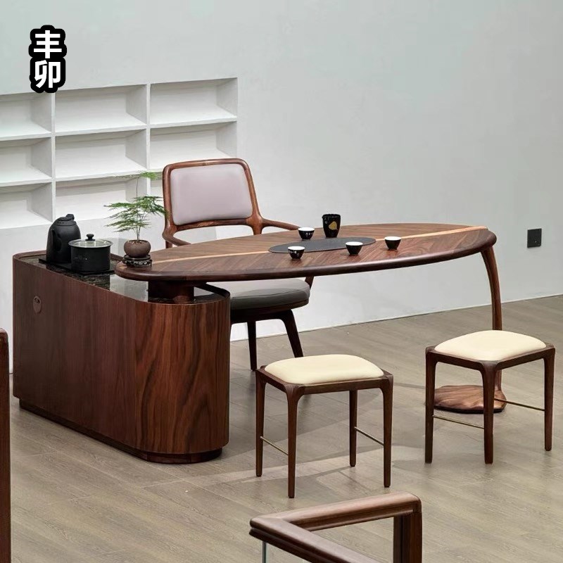 丰卯新中式茶桌椅组合意式轻奢黑胡桃木H树叶茶台家用高端实木茶
