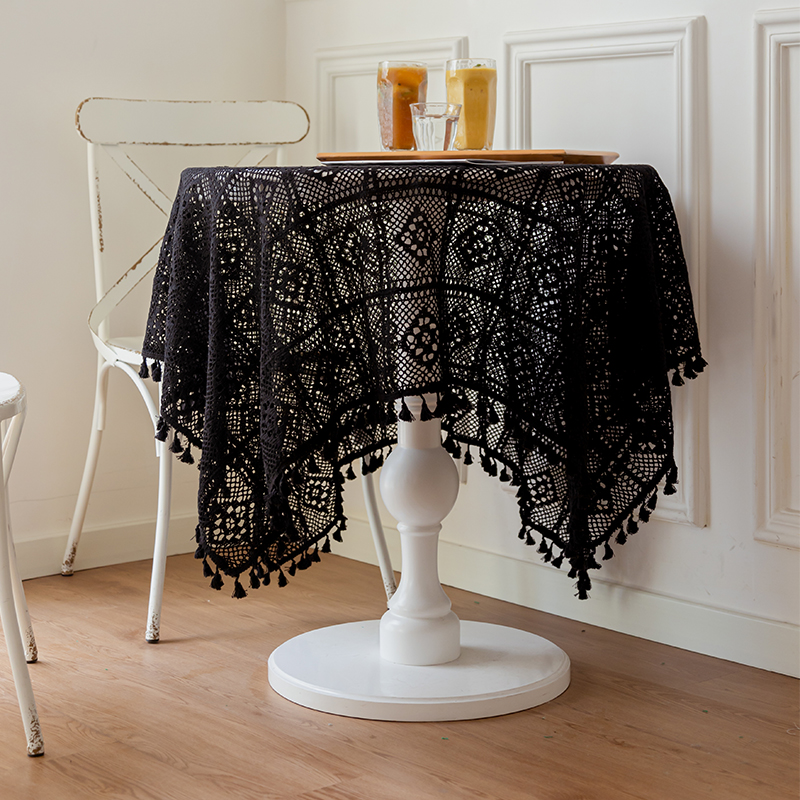 黑色复古镂空仿钩针桌布s长方形圆形餐桌茶几床头柜盖巾拍照背景
