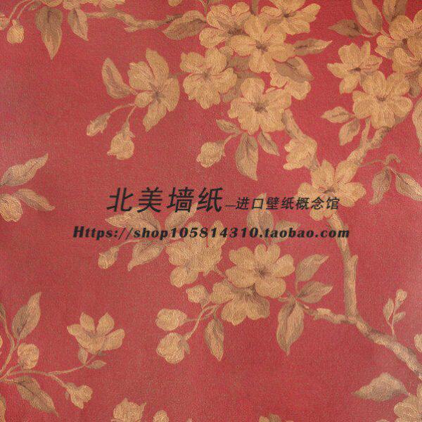 美国进口WQ纯纸墙纸美式乡村田园红底金色花藤客厅书房背景墙壁纸