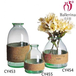 百花园绿色田园风麻绳透明玻璃花瓶插花花器水培植物器皿居家摆件