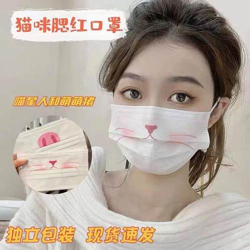 猫咪小猪鼻子图案口罩一次性女卡通腮红高颜值动物2024网红口繁星