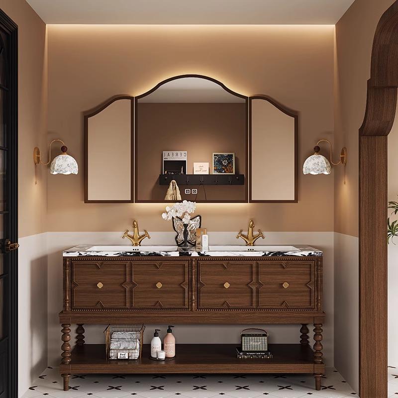 法式复古落地式双盆浴室柜组合岩板陶瓷一体盆卫生间洗漱台洗手盆