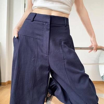 藏青色苎麻质感西装裤女高腰垂感直筒裤老钱风宽松显瘦棉麻阔腿裤