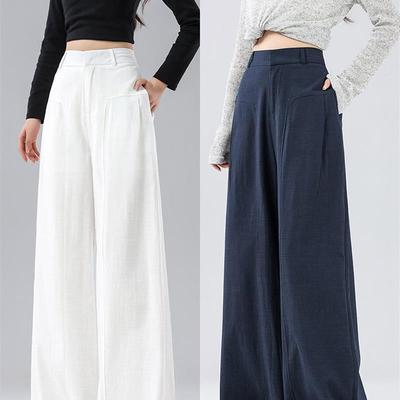 麻料西装裤女春秋薄款2025高级感苎麻亚麻质感休闲拖地直筒阔腿裤