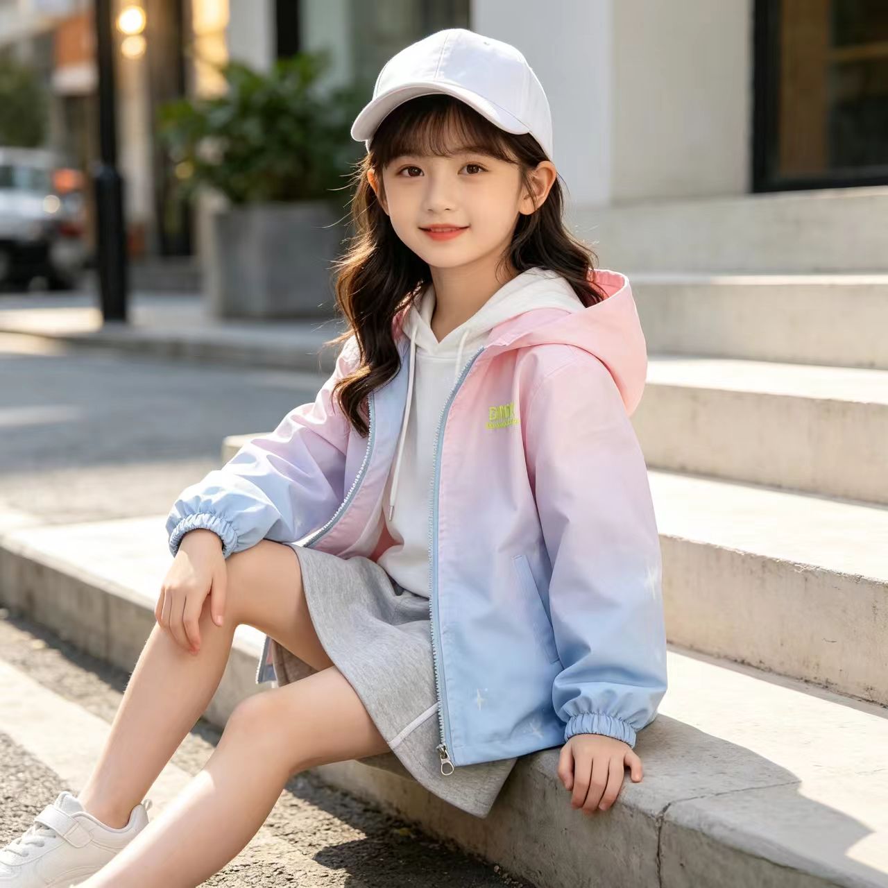 中童女孩韩版休闲渐变色冲锋衣