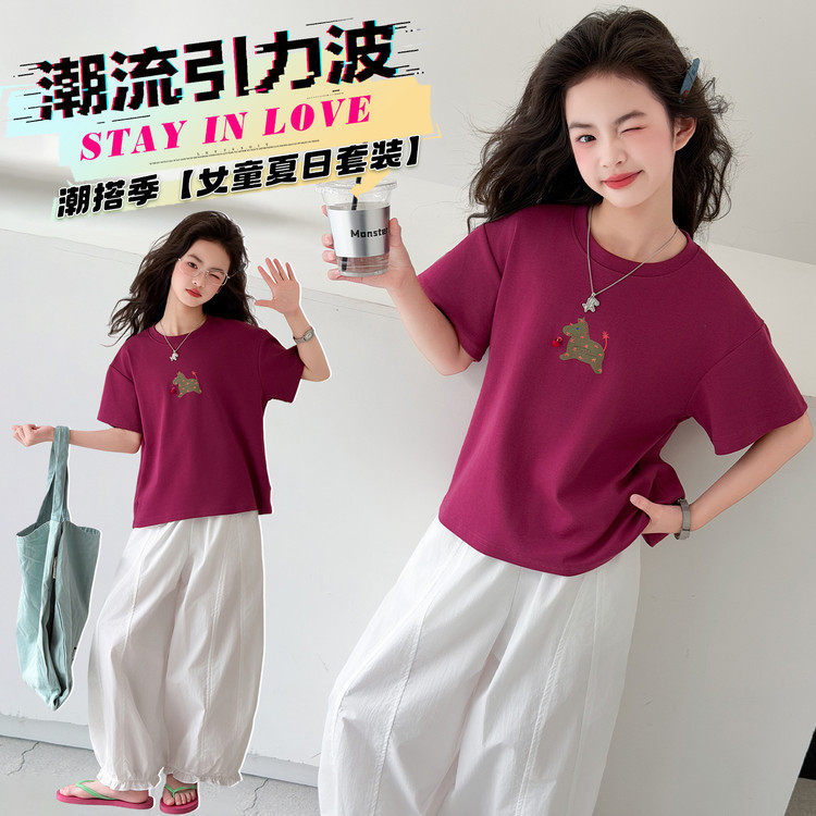 女童夏装套装2026新款大童装儿童韩系印花洋气薄款短袖T恤休闲裤