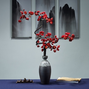 复古黑色陶瓷花瓶仿真花傲骨梅花枝腊梅插花室内摆件家居装 中式 饰