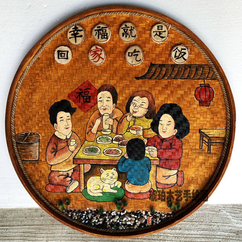 手工绘画圆形簸箕复古怀旧竹编制品民宿农家乐餐厅墙面墙壁装饰画图片