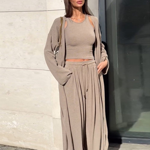 欧美风时尚休闲开衫长袍背心长裤三件套 Fashion three piece set