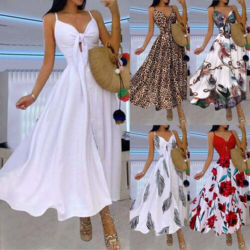 Summer V neck print Dress吊带v领高腰露背印花气质蝴蝶结连衣裙