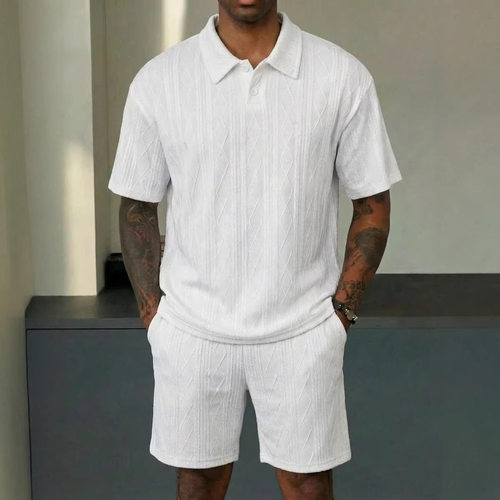 New men's casual polo  shorts set solid color 2-piece set