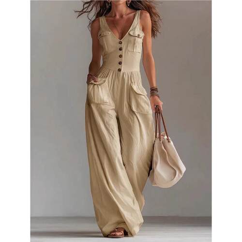 纯色纽扣背带连体裤  Solid color button back jumpsuit