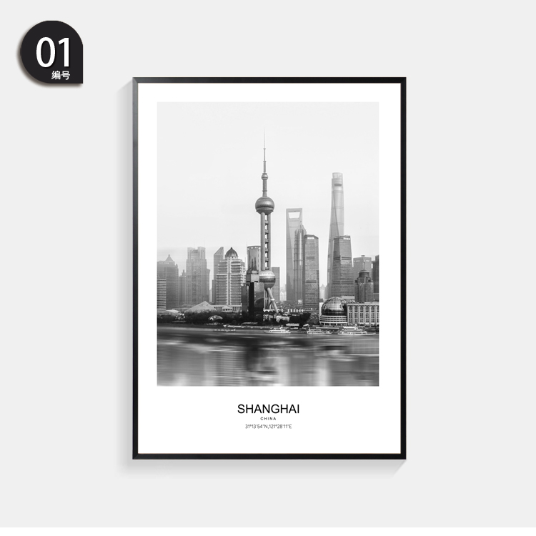 黑白装饰画客厅背景墙卧室城市风景建筑摄影挂画北京上海广州壁画图片