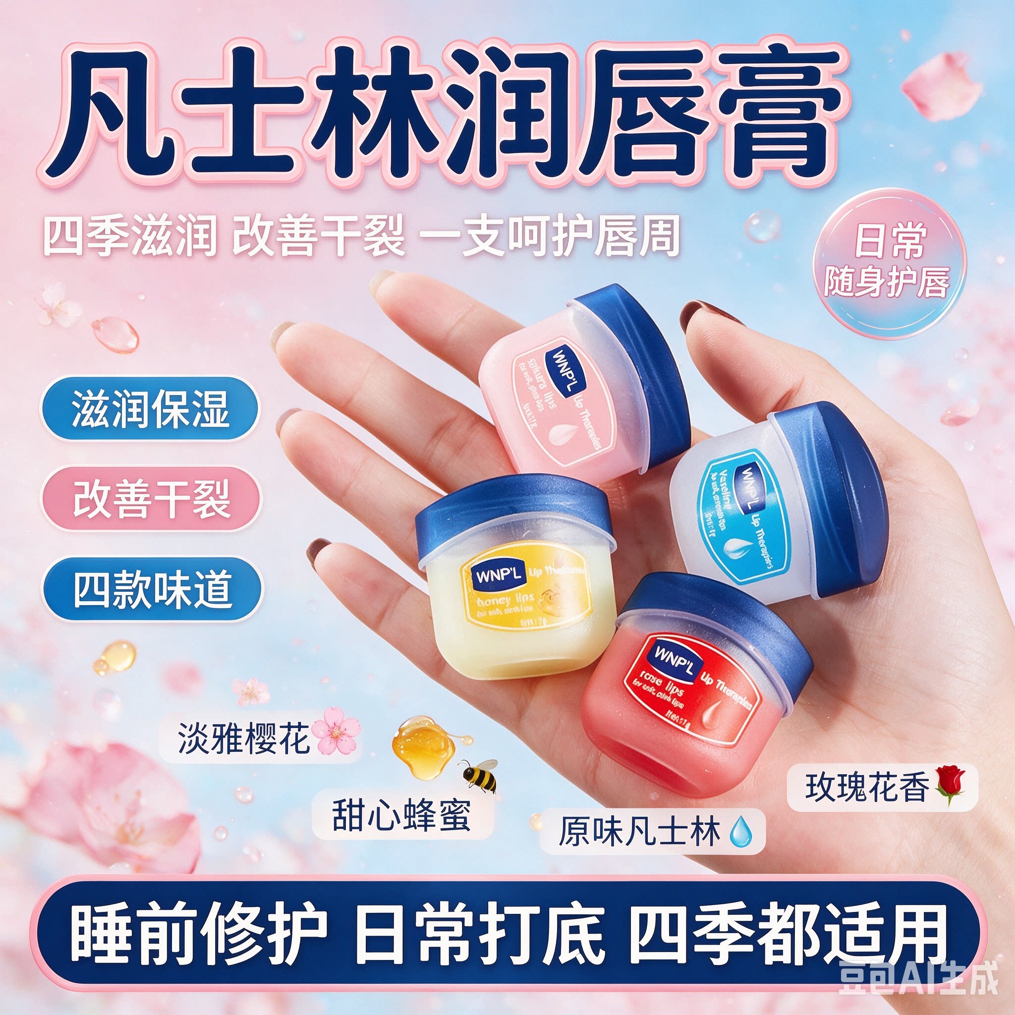 正品正品四个装凡士林唇膜男女士去唇纹修护润唇膏樱花味粉