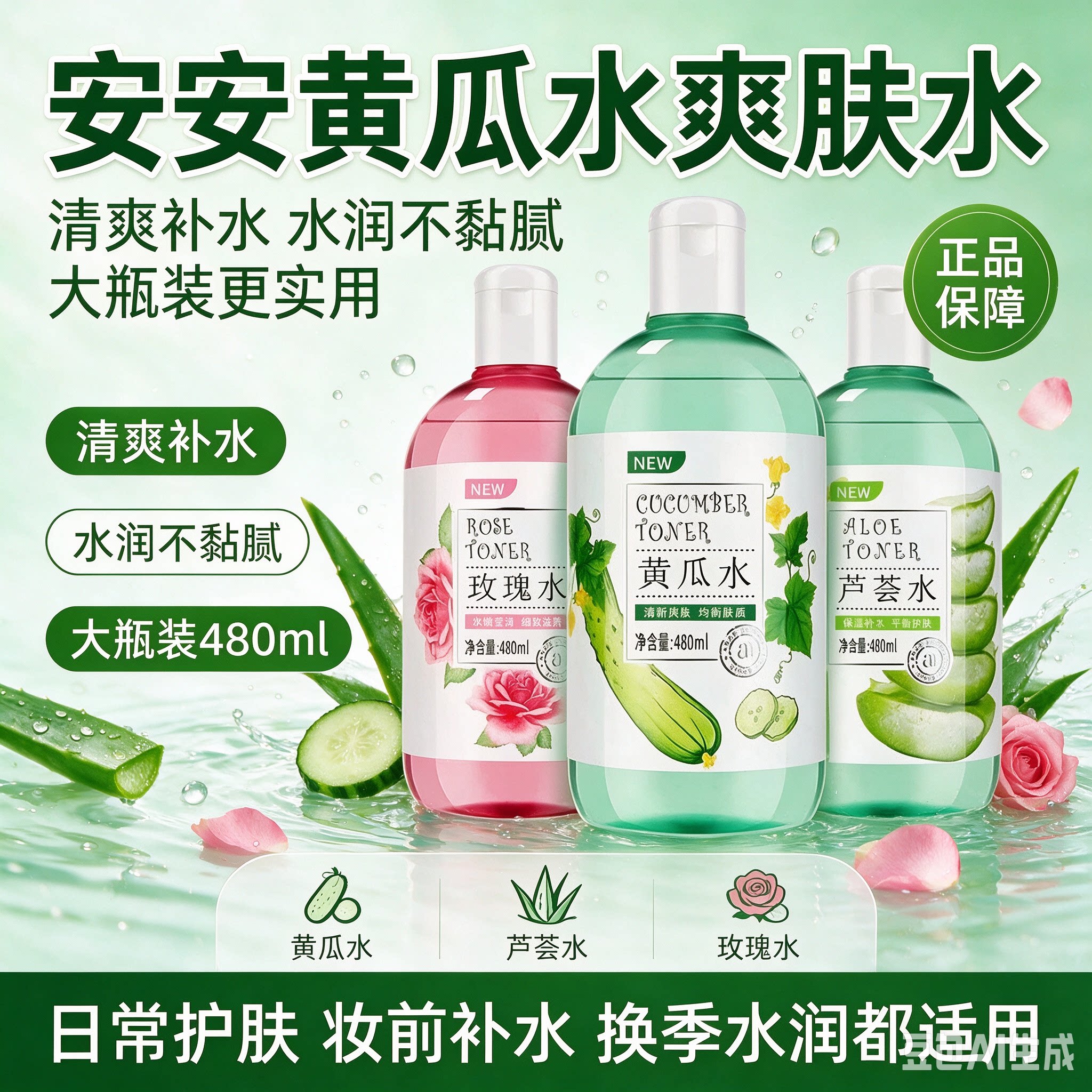 正品黄瓜水爽肤水女补水保湿收缩毛孔提亮控油水油平衡大瓶湿