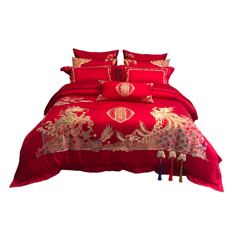 高档婚房大红色140支四件套100全棉婚庆刺绣被套结婚纯棉婚礼床品