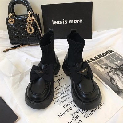 新款厚底马丁靴女英伦风连袜靴小皮鞋年新款瘦瘦短靴子秋季单靴潮