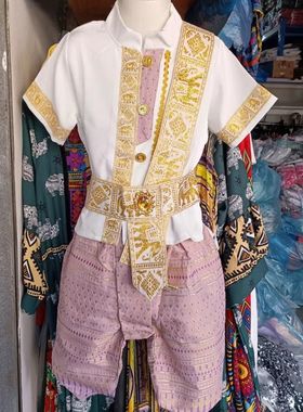 西双版纳泰版夏季男童傣族民族服装套装六一节表演泼水节服饰