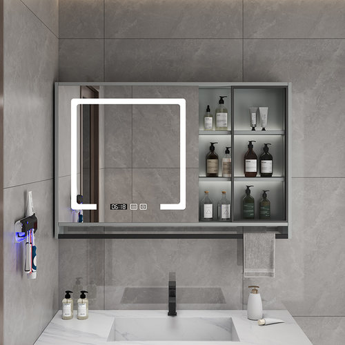 智能浴室镜柜挂墙式带灯防雾卫生间镜子实木置物架单独收纳一体柜