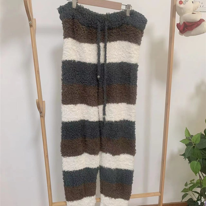 日系条纹加厚保暖男士家居裤软绵绵睡裤宽松家居裤