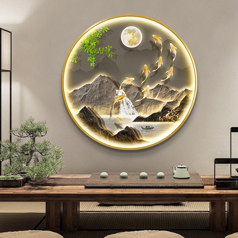 现代轻奢九鱼福鹿玄关装饰画圆形金山灯光画山水走廊过道墙壁挂画图片