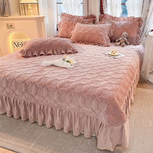冬季高端婴儿绒床盖单件夹棉加厚高级感花边床单床铺盖三件套保暖