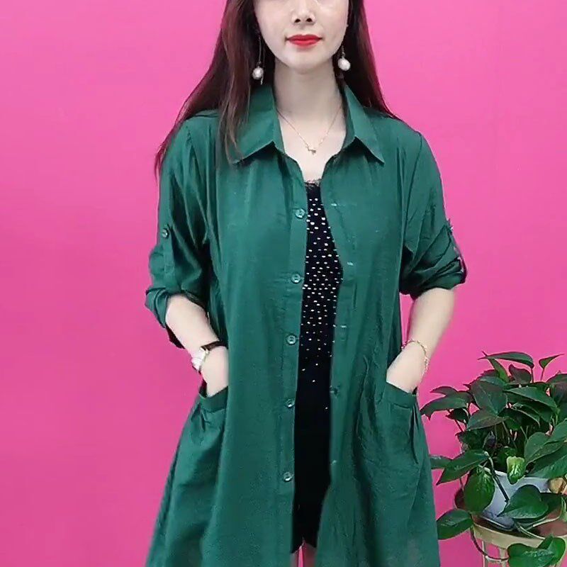 麻纱中长款糖果色开衫女士夏季衬衫E领七分袖宽松单排扣防晒外披