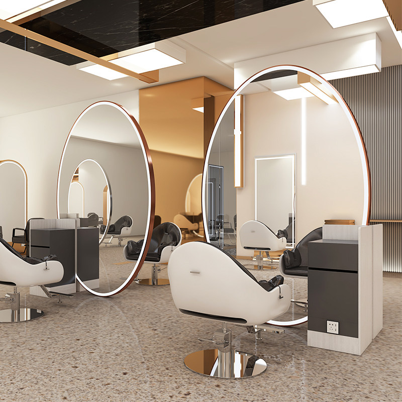 立式大鹅蛋形带柜网红发廊专用美发店镜台理发店剪发镜子潮款简约