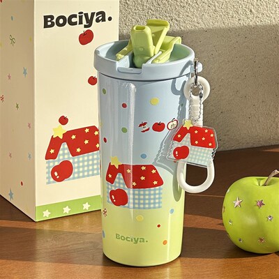 保温水杯女生高颜值2025新款双饮吸管便携3O16不锈钢保冷咖啡杯子