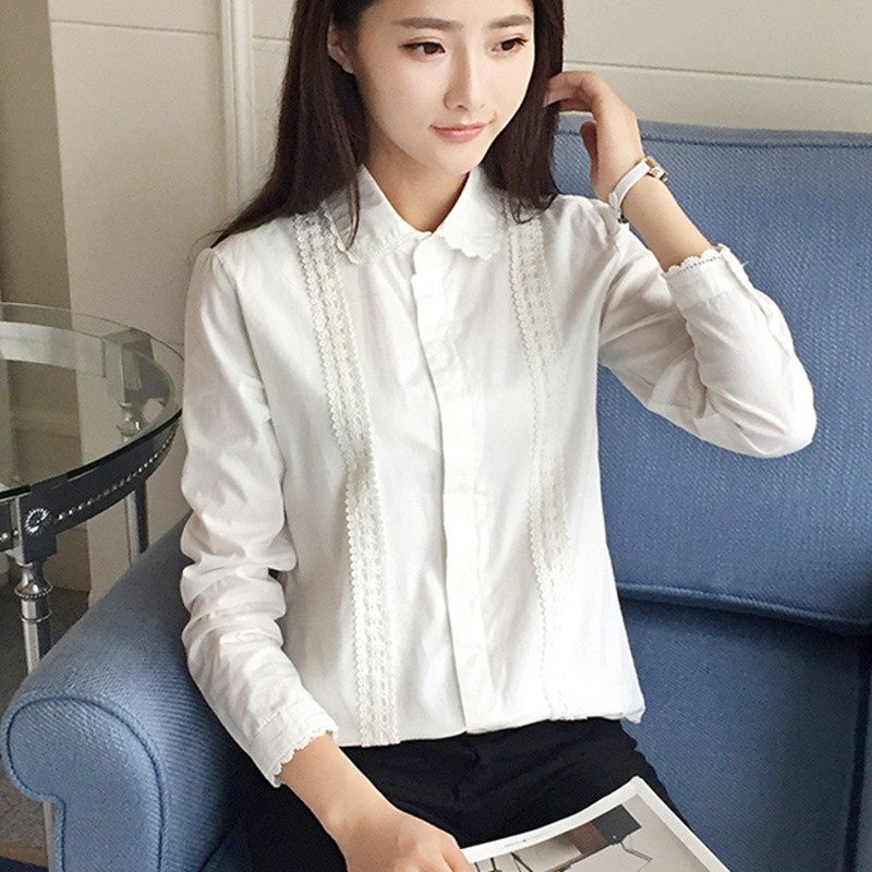 2020春秋新款白色百搭长袖衬衣日系甜美蕾丝花边大码X打底衬衫女