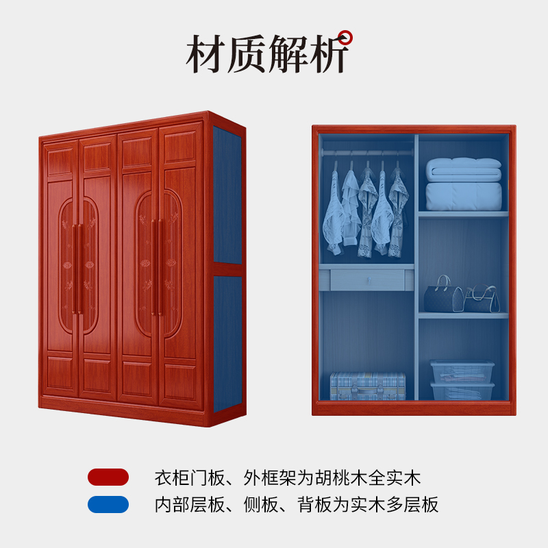 金丝胡桃木全实木衣柜家用卧室工厂储物大容量衣柜大衣橱组合